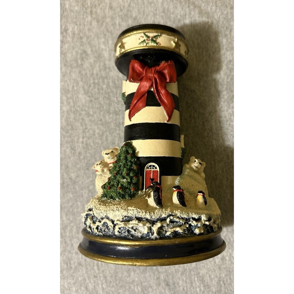 Danbury Mint Christmas Lighthouse Candle Holder with Polar Bear & Penguin